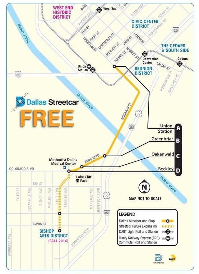 Karte der Straßenbahnhaltestellen von Dallas